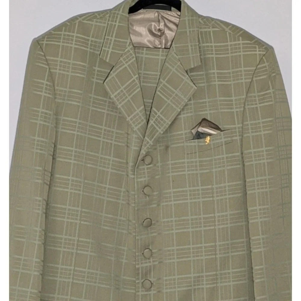 Falcone Vintage Olive Green Windowpane 7 Button Zoot Suit 44L 38W 1920s Styled